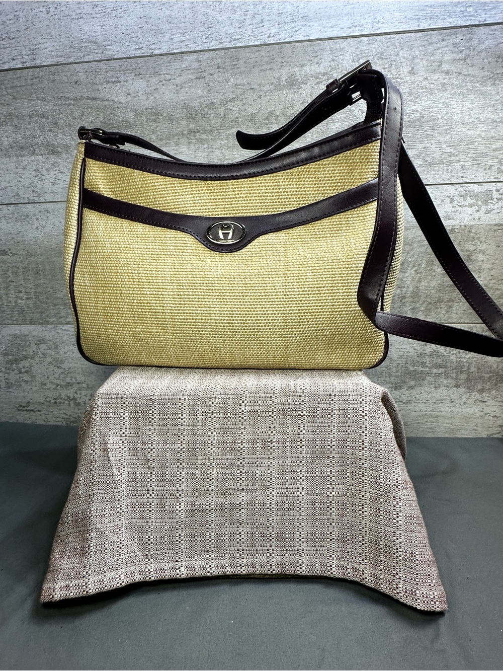 VTG Etienne Aigner Light Tan Woven Fabric & Brown Leather Shoulder Bag Purse